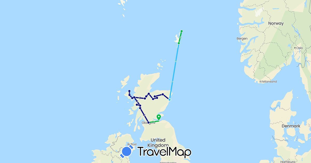 TravelMap itinerary: driving, bus, boat in United Kingdom (Europe)